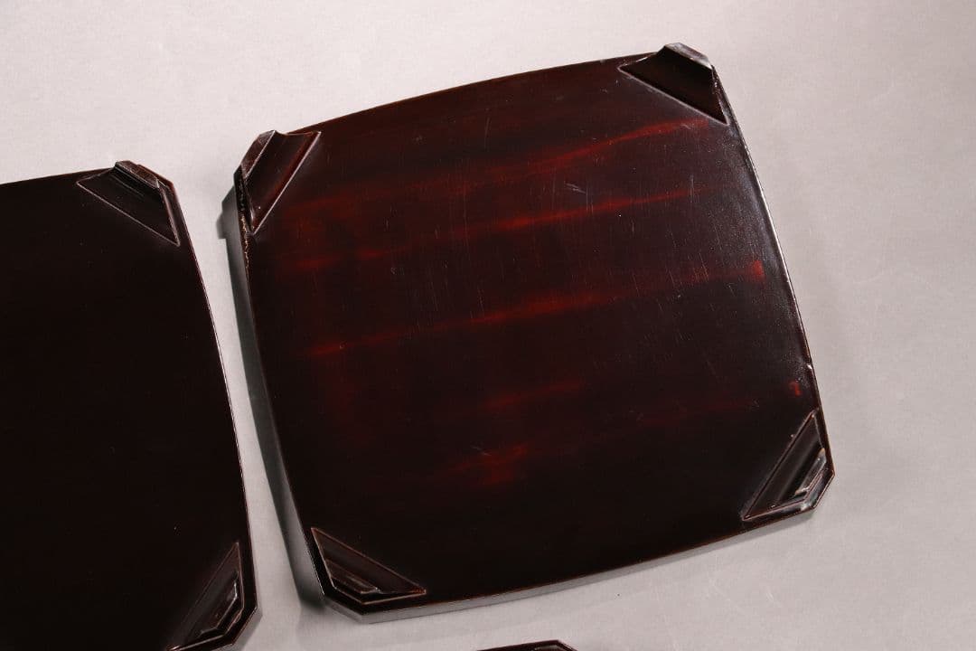 CH74 時代木製漆器 花鳥金蒔絵 黒塗吸物膳 五客 足付 隅切四方膳 盆 梨地