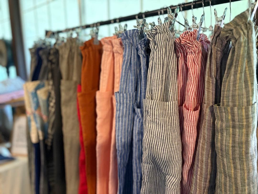 緑とグレー黄色のストライプ　JAPANリネン100% 柔らかい洗いざらしもんぺ