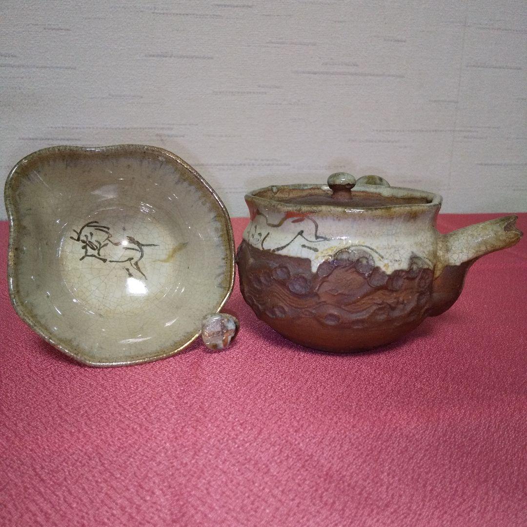 茶器揃い ①急須 ②湯冷まし ③湯呑み茶碗 「金彩・走り駒（左馬）・貫入」