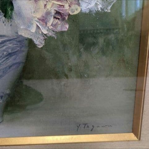 【真作】田河勇造 油彩「薔薇」F8号 額装付き