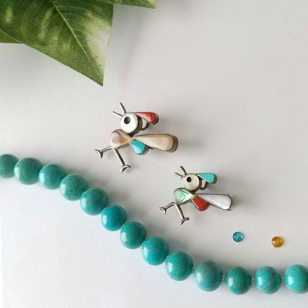 インディアンジュエリー ズニ族 インレイ バード ブローチ 2個セット レア