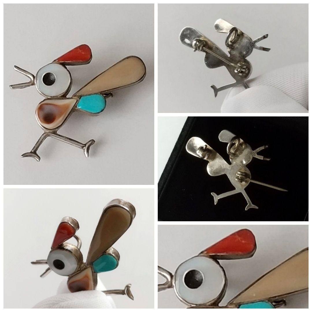インディアンジュエリー ズニ族 インレイ バード ブローチ 2個セット レア