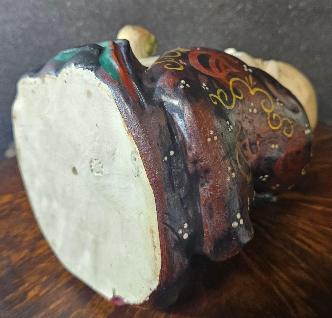 【時代古作品❗】京焼　褐色釉鉄釉色絵付 宝珠紋図柄　纏い　寿老人　唐木製台座付き