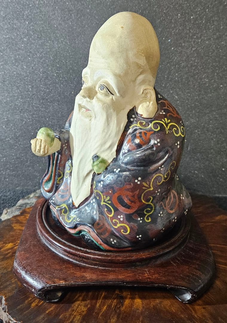 【時代古作品❗】京焼　褐色釉鉄釉色絵付 宝珠紋図柄　纏い　寿老人　唐木製台座付き