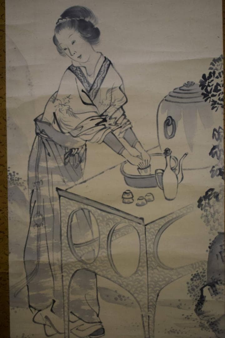 真作/古市金峨/唐美人図/絹表装/布袋屋掛軸HF-234