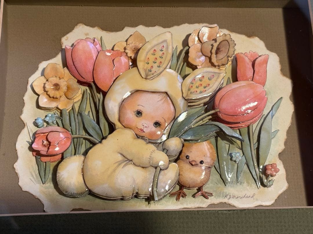 イースターバニーと春の花のシャドーボックス