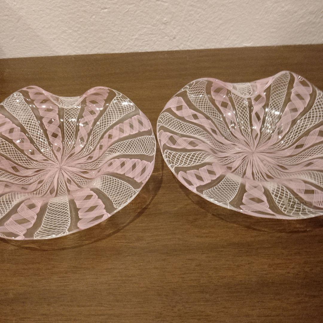 ベネチアンガラス　ムラノ　MURANO　変形皿　2枚　ピンク　レース　インテリア