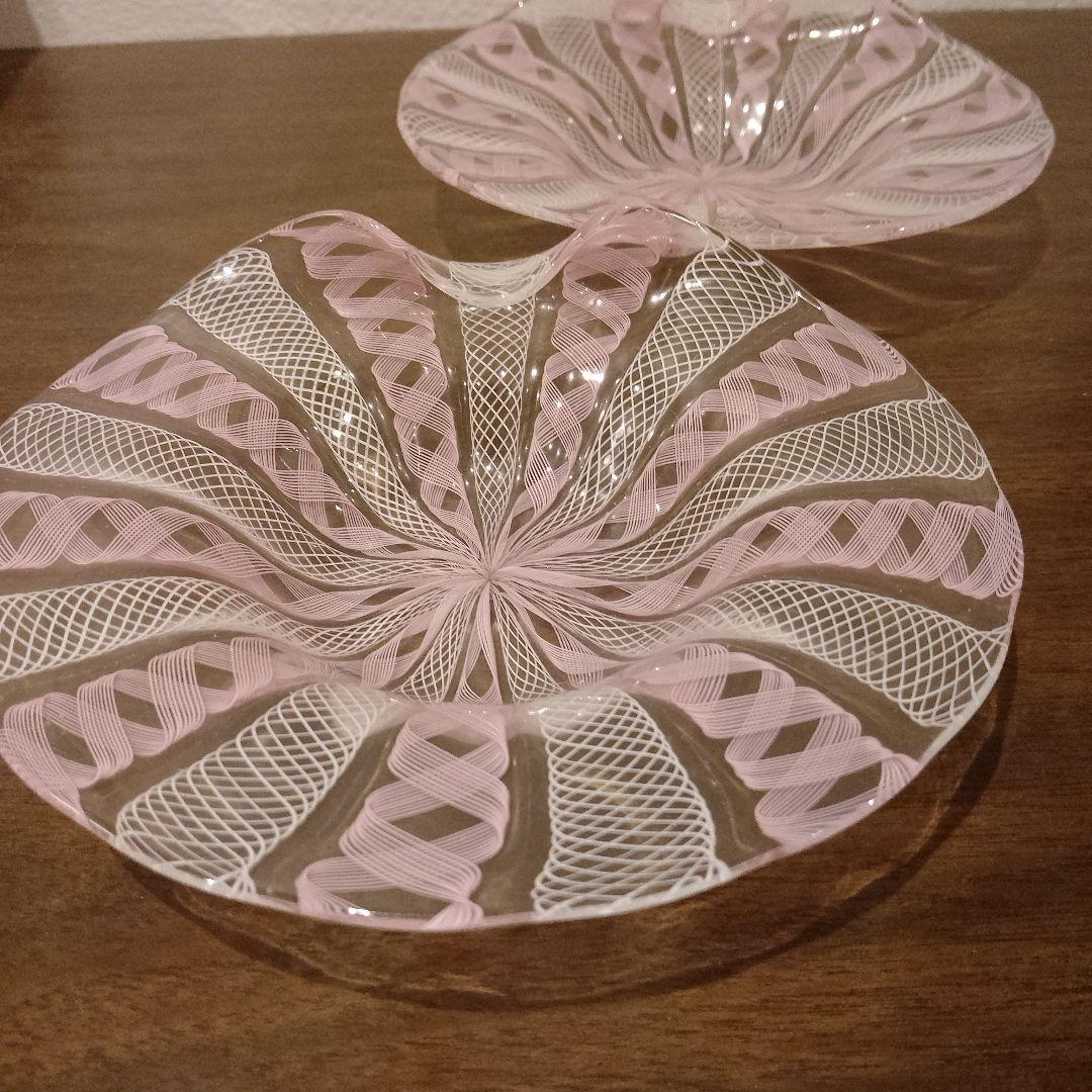 ベネチアンガラス　ムラノ　MURANO　変形皿　2枚　ピンク　レース　インテリア