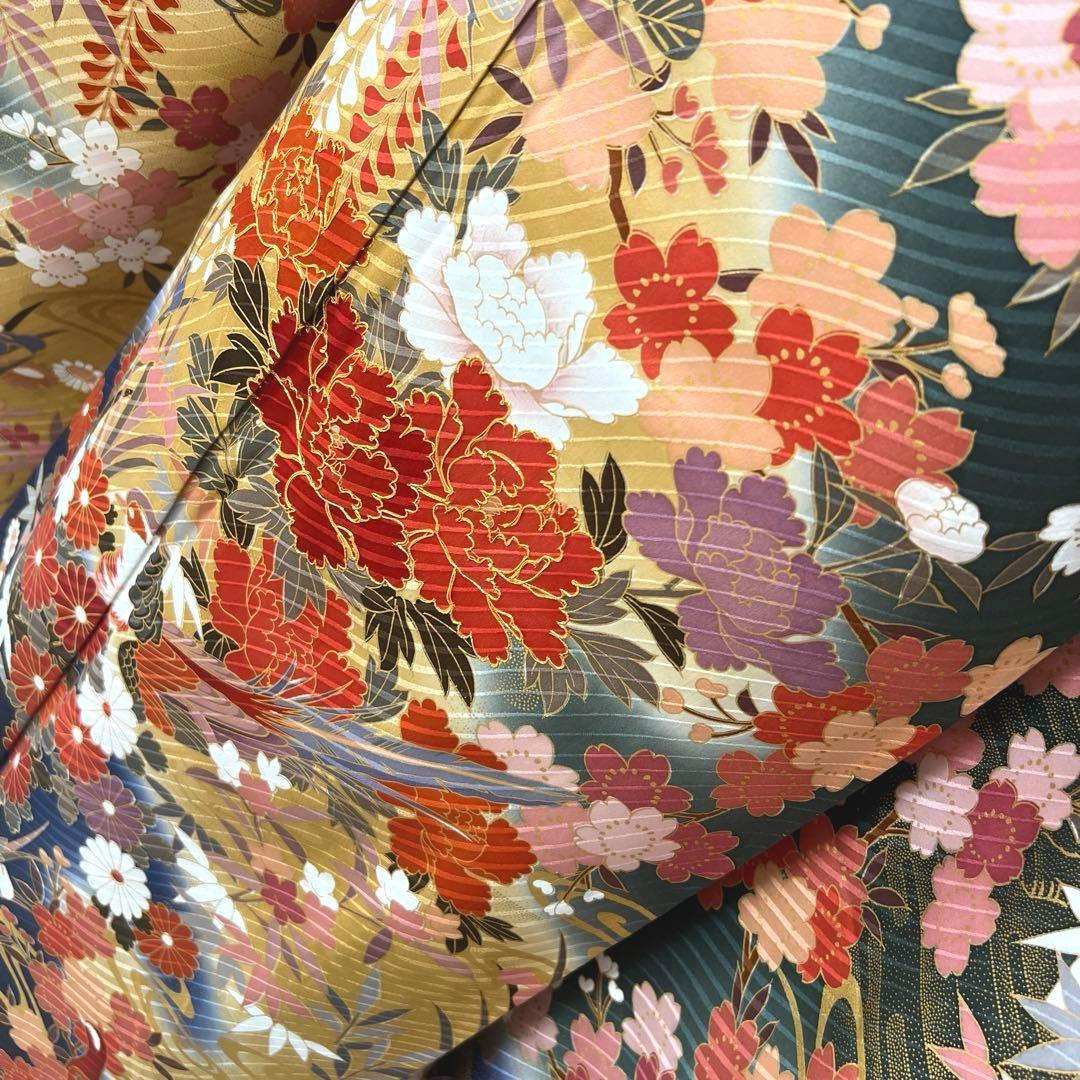 423 振袖フルセット 正絹 緑 グリーン 茶 金彩 駒刺繍 暈し染め