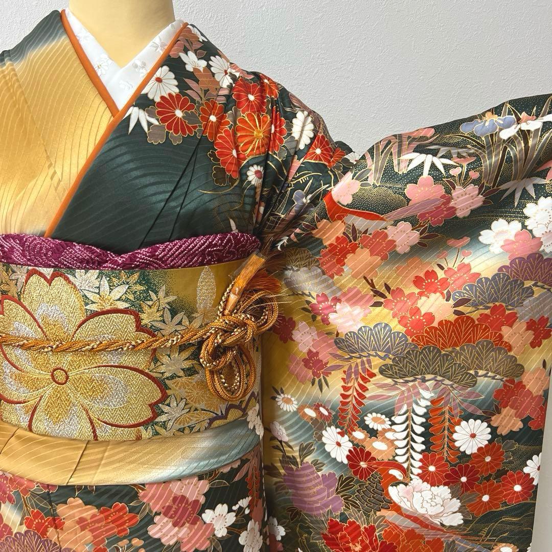 423 振袖フルセット 正絹 緑 グリーン 茶 金彩 駒刺繍 暈し染め