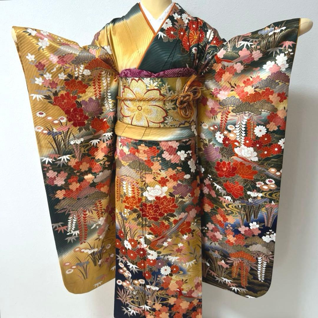 423 振袖フルセット 正絹 緑 グリーン 茶 金彩 駒刺繍 暈し染め