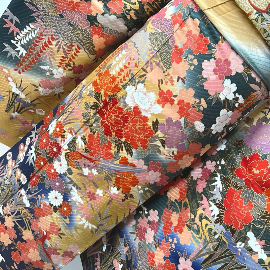 423 振袖フルセット 正絹 緑 グリーン 茶 金彩 駒刺繍 暈し染め