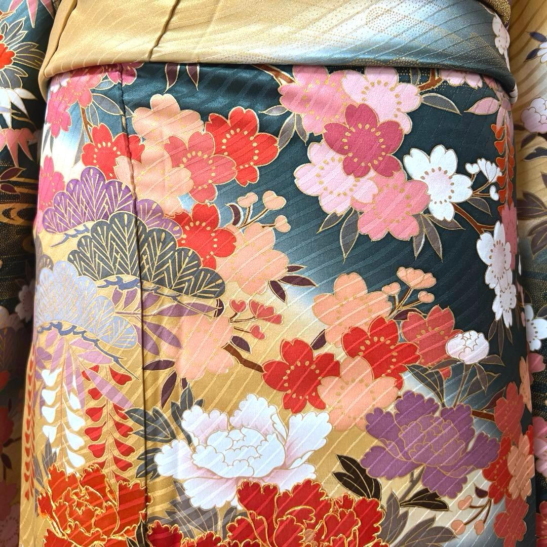 423 振袖フルセット 正絹 緑 グリーン 茶 金彩 駒刺繍 暈し染め