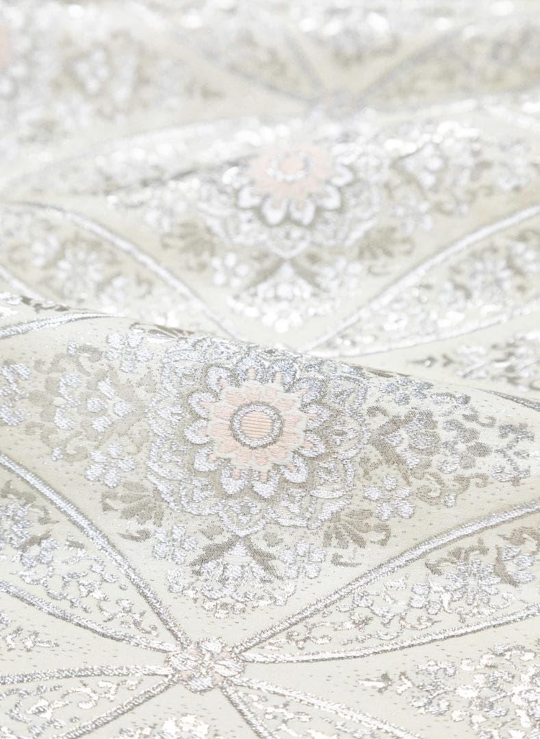 新入荷！！プレス加工済 正絹 礼装用袋帯 銀糸 六通織 変り七宝華文様 パーティ