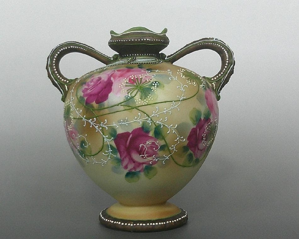 明治 オールドノリタケ バラ盛り上げ花瓶