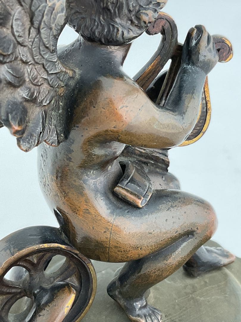 Winged Cherub琴弾天使1870sブロンズ彫刻FoundryMarks