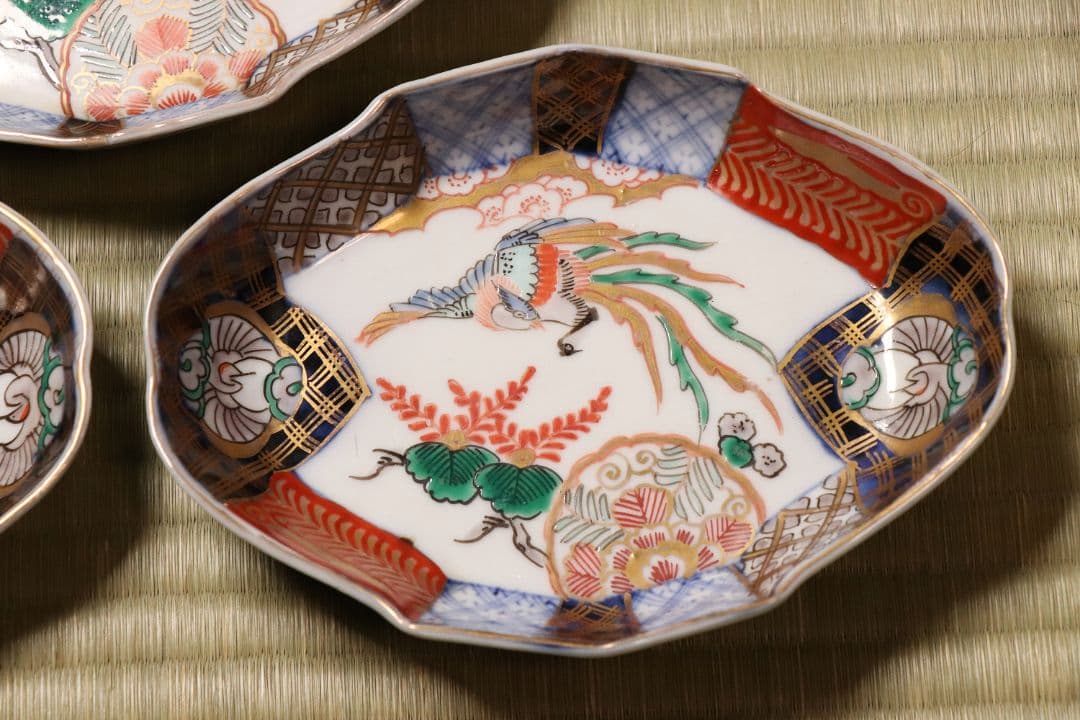 【CM53】古伊万里 桐鳳凰図 変形 刺身皿 五客 鶴 金彩 錦手 菱形 向付