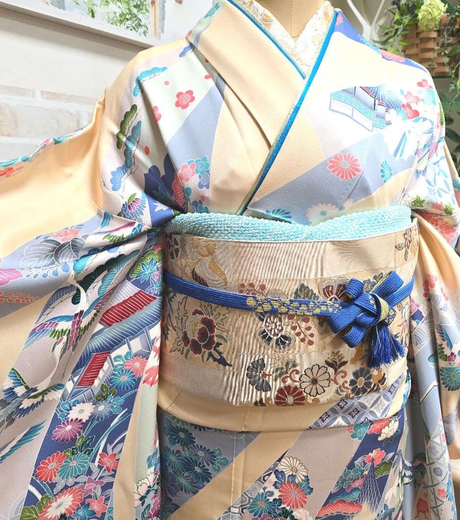 クリーム熨斗目振袖７点フルセット、成人式、前撮り、結婚式に