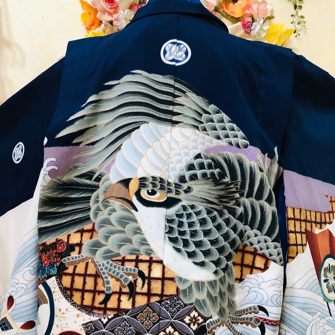 七五三　男の子‼️祝着・羽織・袴セット　鷹扇子波花文金彩⭐︎完全フルセット