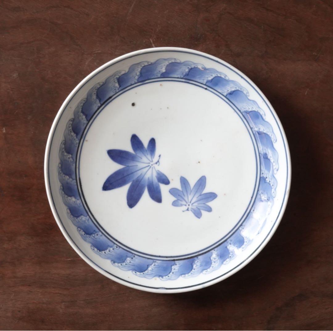 江戸時代　前期　古伊万里　藍九谷　染付　波　紅葉文　皿　飾皿　額皿　6寸皿　食器