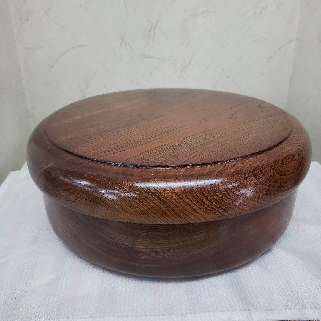 蔵出し特価欅製 無垢茶びつ茶箱 円形 蓋(お盆)付き直径３３cm 高さ１３cm