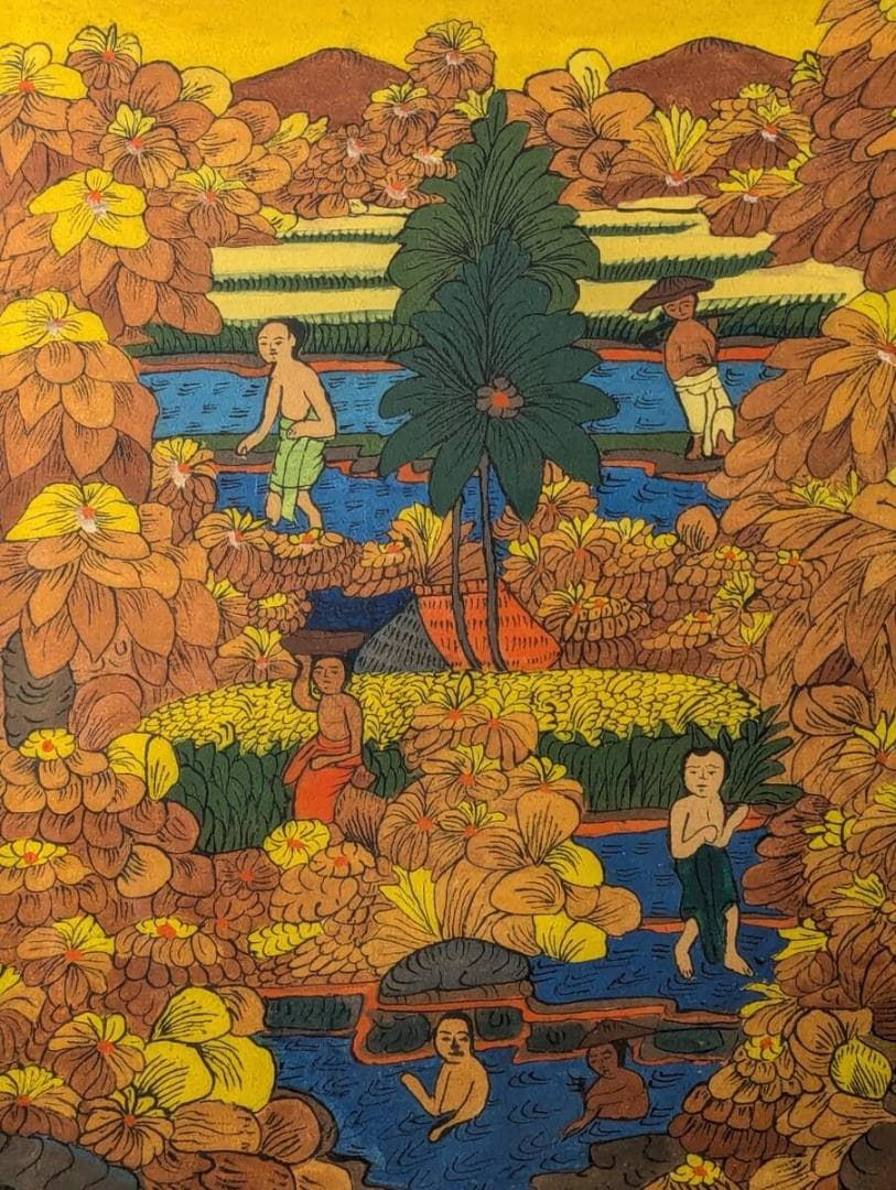 【真作】絵画　技法不明　楽園の情景　鮮やかな色彩で描かれた自然と人々　V121