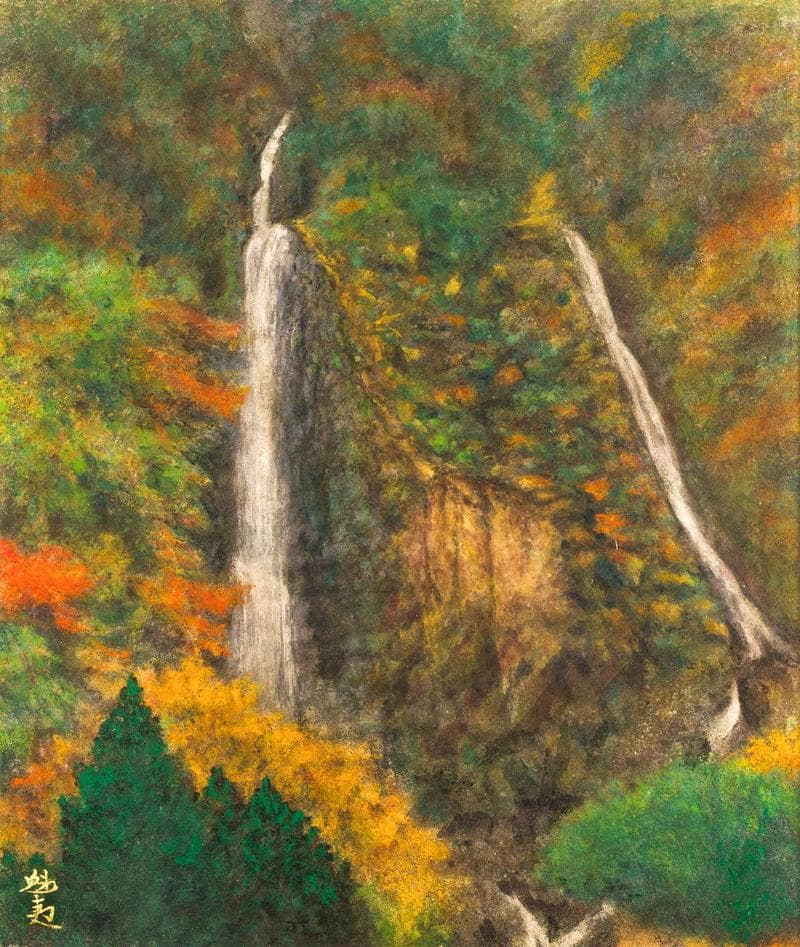 東山魁夷　日本画　肉筆『二条の滝』表サイン　東山すみ鑑定　F10号　額　b253