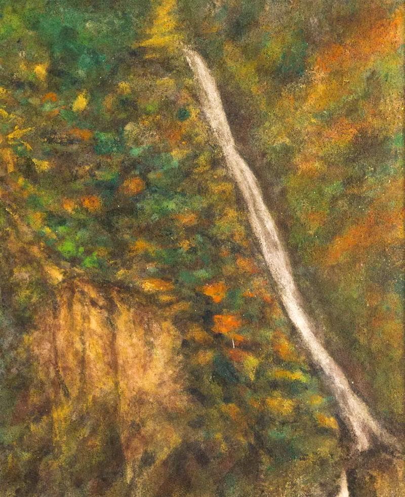 東山魁夷　日本画　肉筆『二条の滝』表サイン　東山すみ鑑定　F10号　額　b253