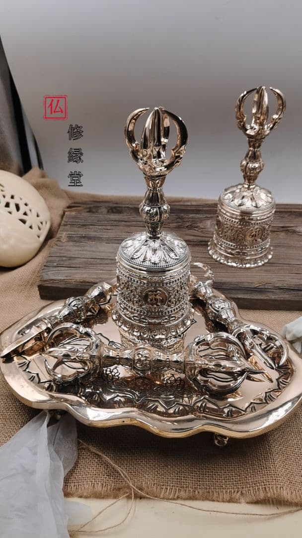 【修縁堂】密教法具 鬼面5点セット 鬼面の鈴 鐘 五鈷杵 三鈷杵 独鈷杵 真鍮