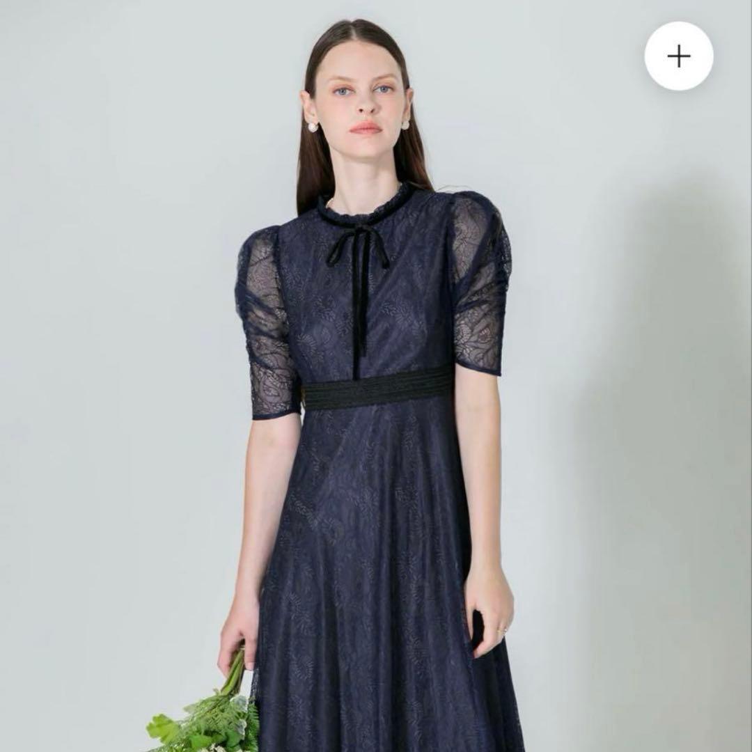 leja ウエストマークパフスリーブレースロングワンピースドレス