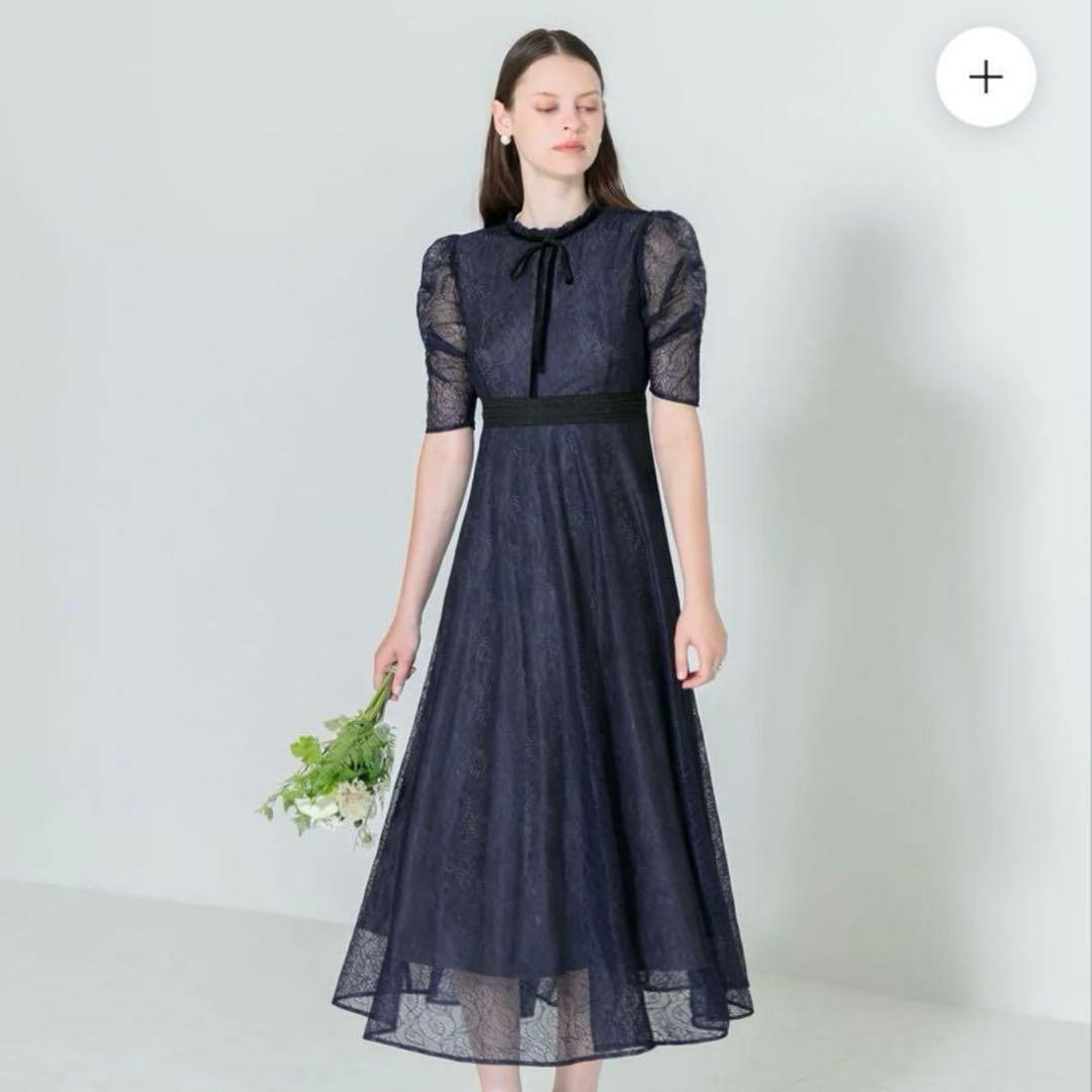 leja ウエストマークパフスリーブレースロングワンピースドレス