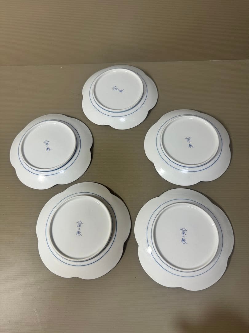 2186 深川製磁　梅文　花型皿　5客　金彩　未使用