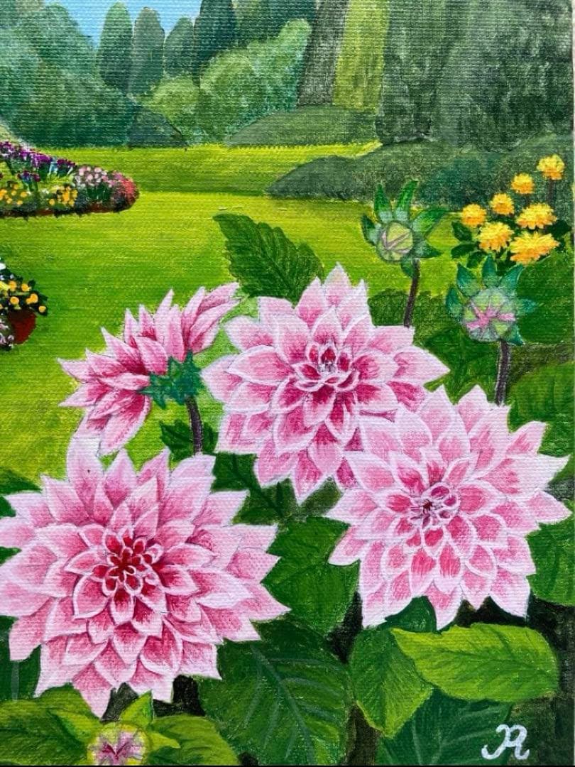 ご依頼品2点　花の絵、風景画「ダリアの咲く朝の庭」「雨上がりのバラ」