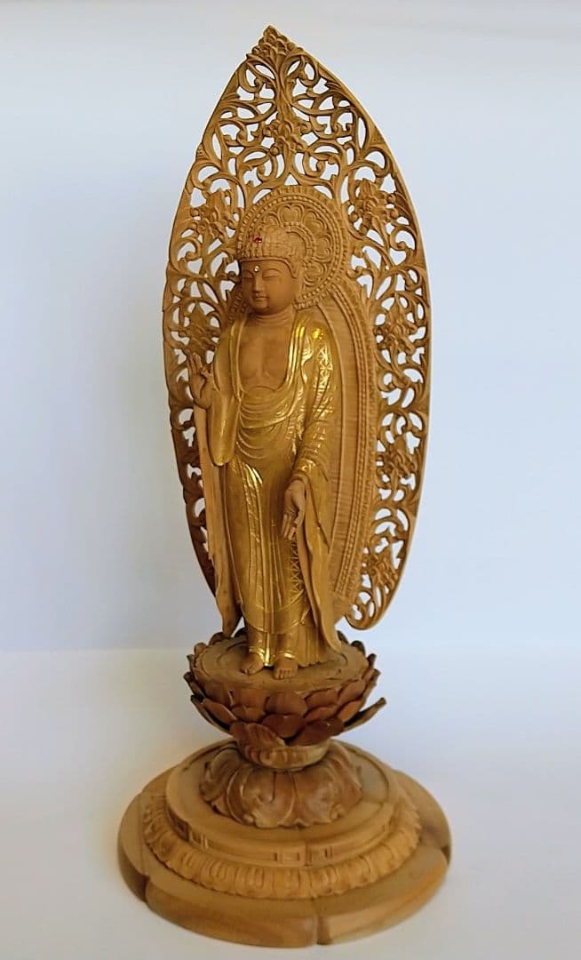 阿弥陀如来立像 5寸 #660 円台座 宝相華唐草 透彫り◆白檀 木彫 仏像