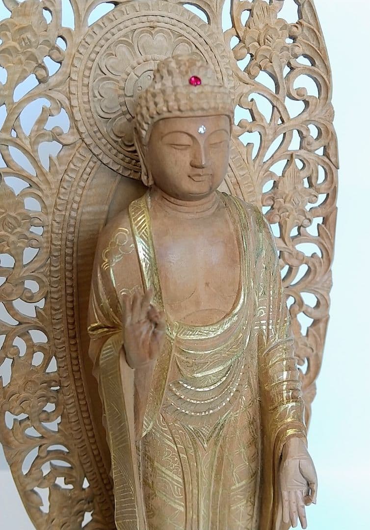 阿弥陀如来立像 5寸 #660 円台座 宝相華唐草 透彫り◆白檀 木彫 仏像