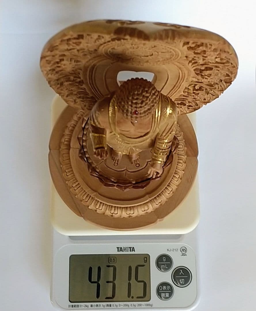 阿弥陀如来立像 5寸 #660 円台座 宝相華唐草 透彫り◆白檀 木彫 仏像