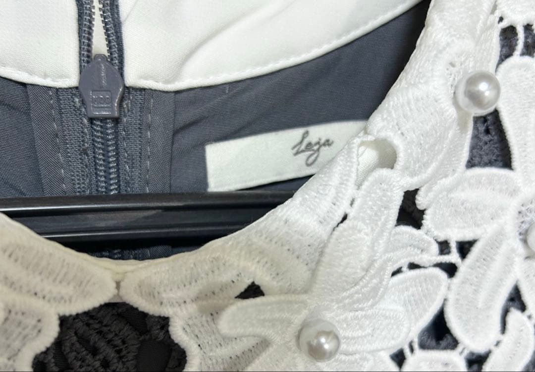 Leja Mサイズ　花柄レースカラー　Aラインワンピース　ドレス　ブルー