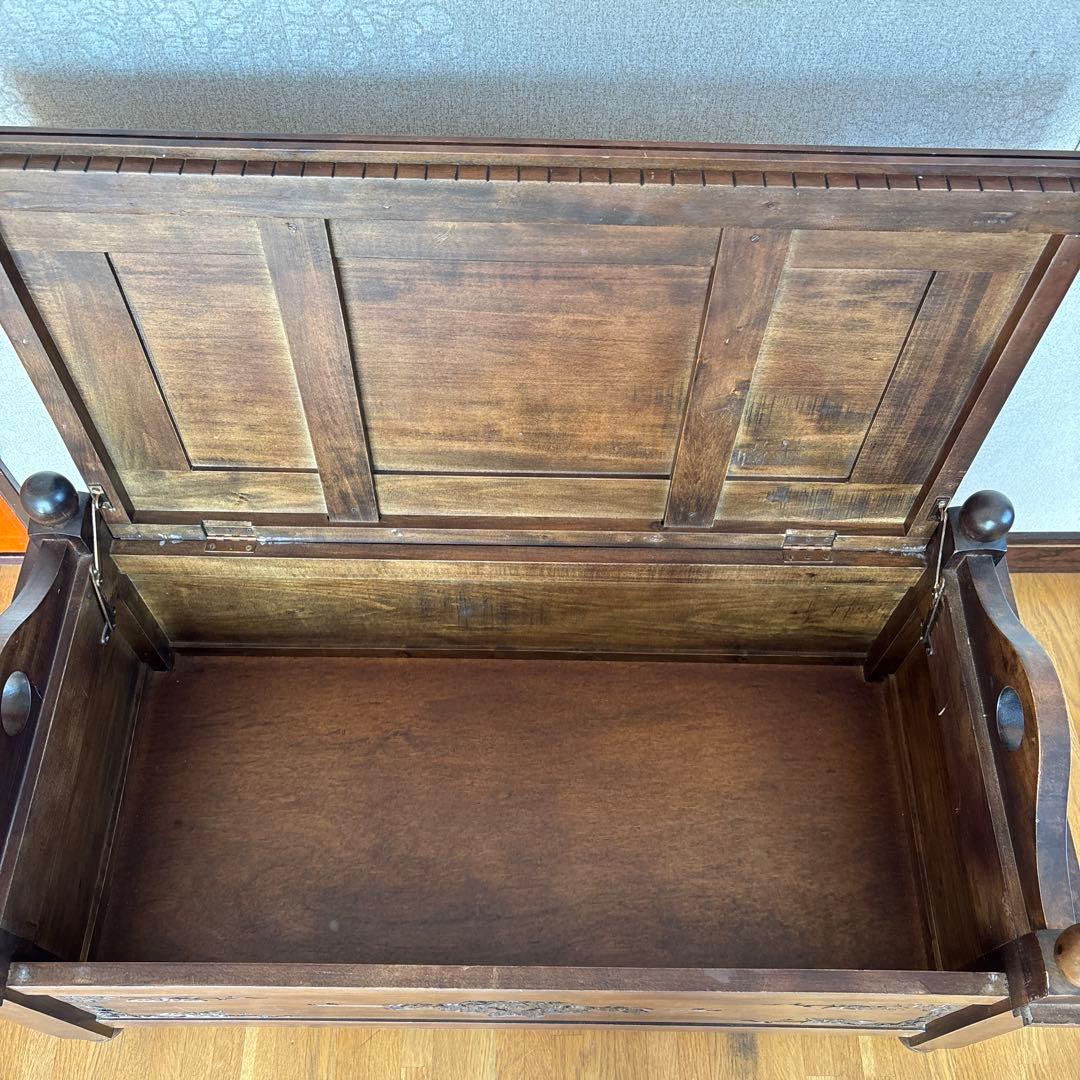 アンティーク調　収納付き木製ベンチ