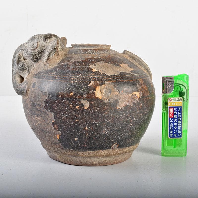 Yuri　タイ古陶磁　スンコロク　宋胡録　黒釉　象飾壷　V　R4578