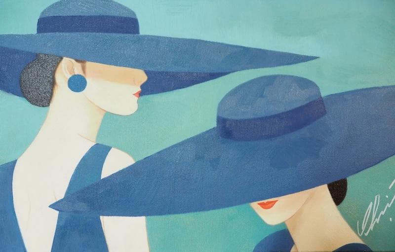 【値下げ】油絵　美人像　鶴田一郎　M10号　笠美人　額付き　手描き　肉筆