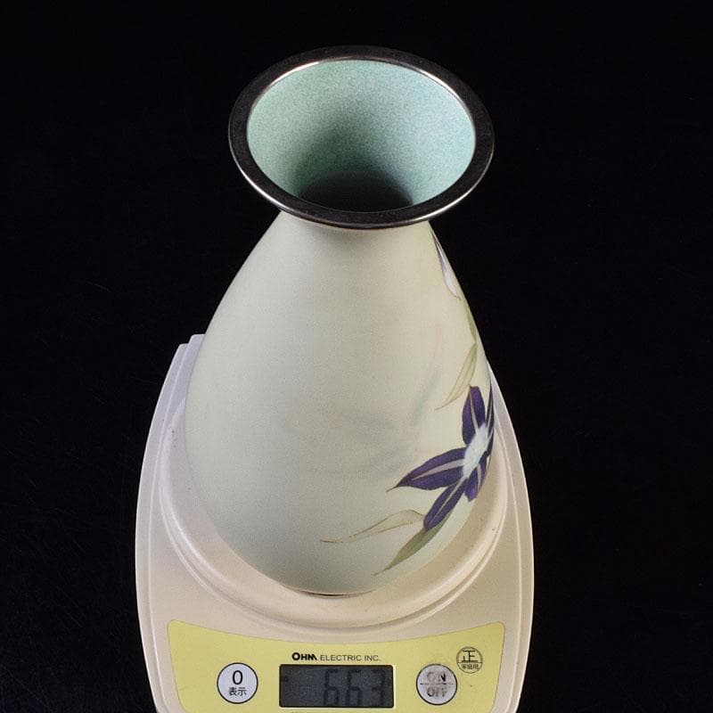 七宝焼　服部喜久作　花文　花瓶　唐木台付　共箱　V　R9527