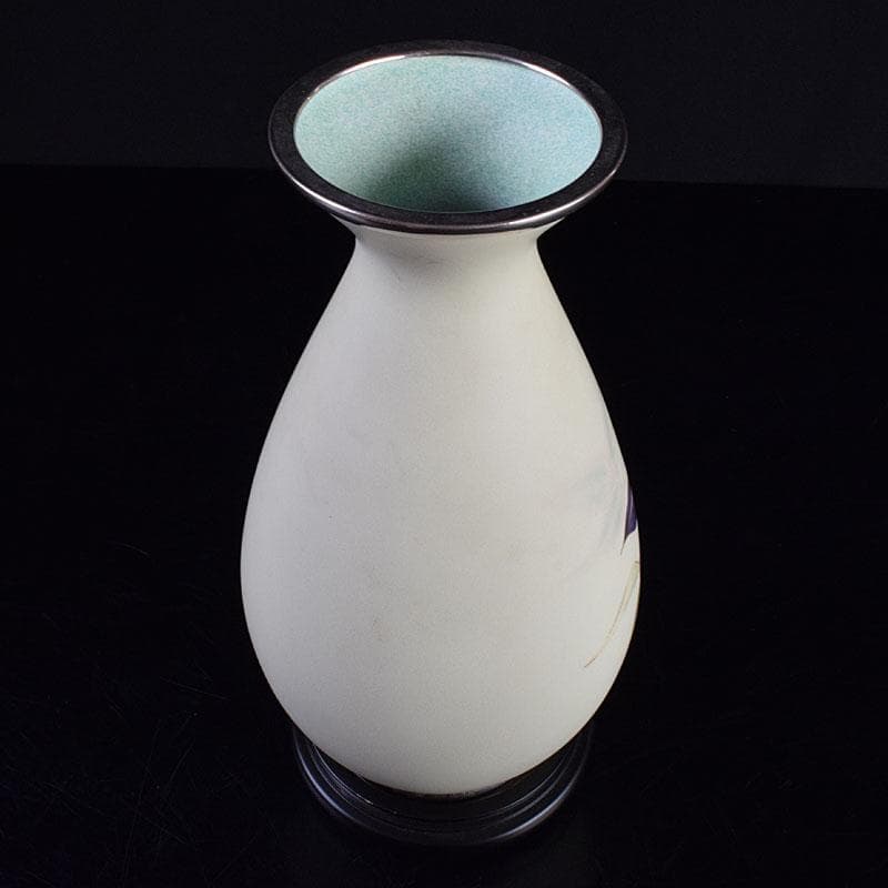 七宝焼　服部喜久作　花文　花瓶　唐木台付　共箱　V　R9527