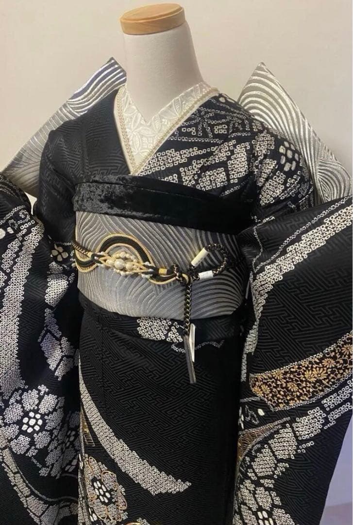振袖フルセット　総絞り　黒　金　シルバー　成人式　豪華振袖　振袖6点セット　正絹
