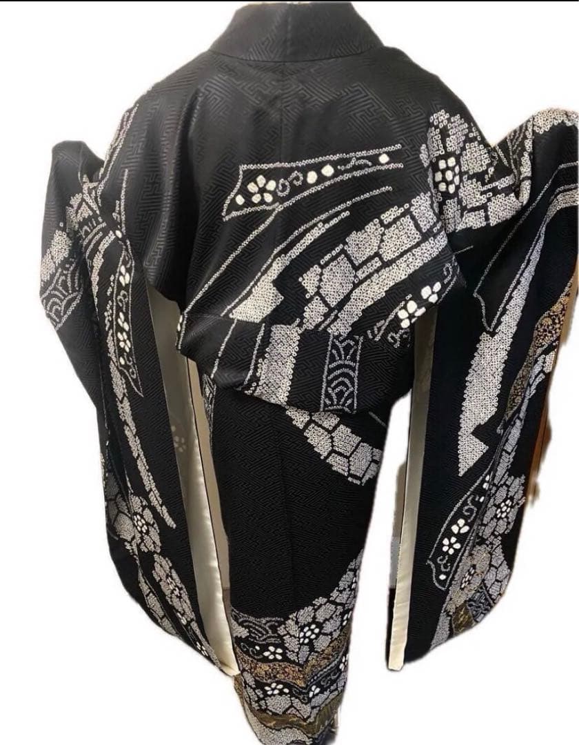 振袖フルセット　総絞り　黒　金　シルバー　成人式　豪華振袖　振袖6点セット　正絹