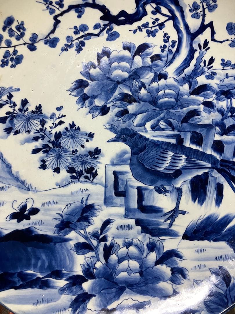 旧家蔵出し品　古伊万里　古い大皿　梅に牡丹花　雉　梶忠製　縁起物　飾り皿