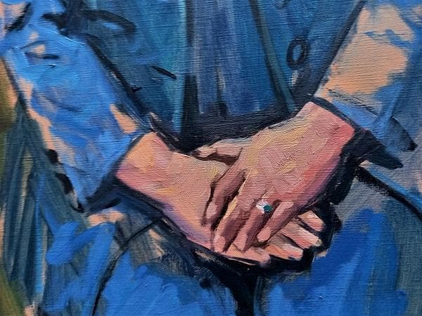 ★油彩画 新井秀一郎「青衣婦人像」サイン P30号★特賞受賞作品　1975年制作