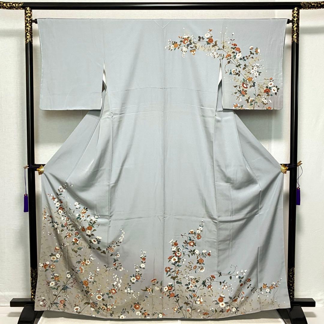 D58 訪問着 唐花 ブルーグレー 正絹 着物 袷 しつけ糸付き未使用極美品