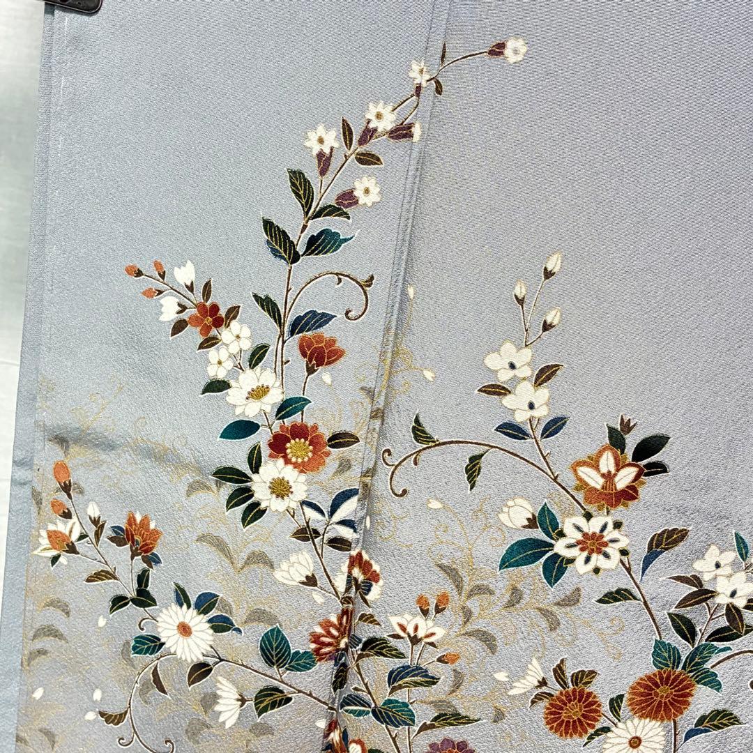 D58 訪問着 唐花 ブルーグレー 正絹 着物 袷 しつけ糸付き未使用極美品