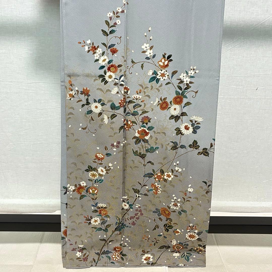 D58 訪問着 唐花 ブルーグレー 正絹 着物 袷 しつけ糸付き未使用極美品