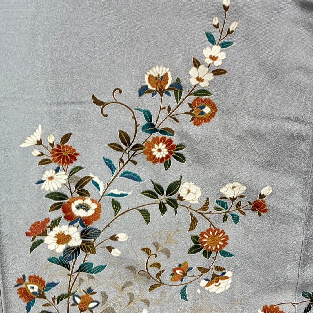 D58 訪問着 唐花 ブルーグレー 正絹 着物 袷 しつけ糸付き未使用極美品